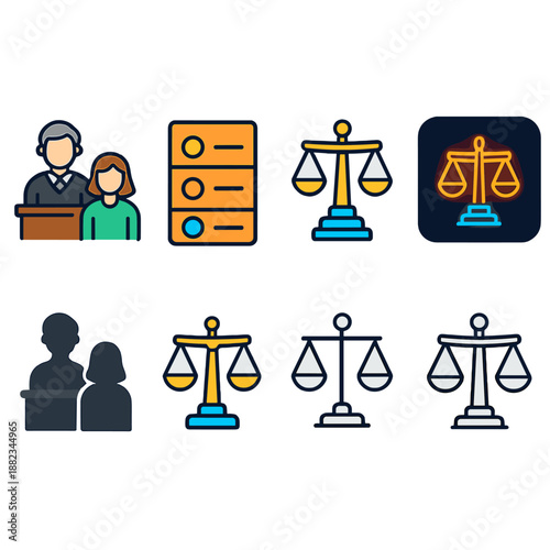 Legal icons: scales of justice, courtroom, and legal documents set