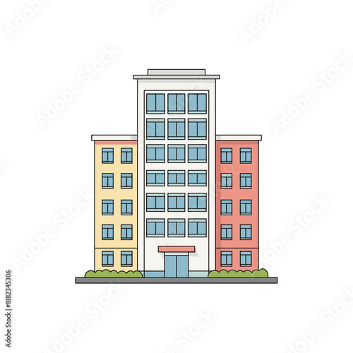 Modern apartment building with colorful facade and greenery  