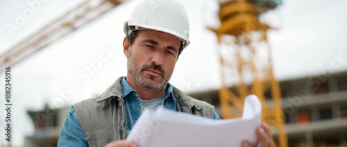 A construction worker carefully studying blueprints on a work site for ongoing project.