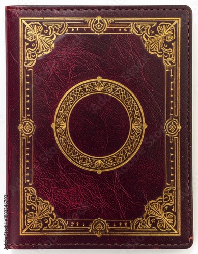 Ornate Gold Patterned Red Leather Bound Book Cover Isolated on White