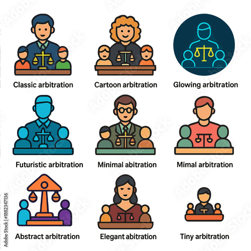 Diverse arbitration icon set illustrating various styles and concepts