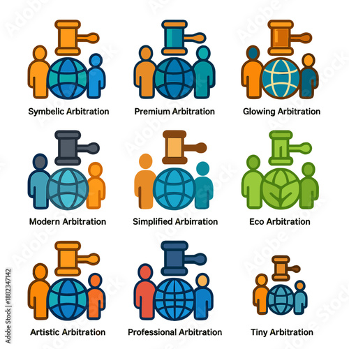 Arbitration icons set representing various styles and concepts