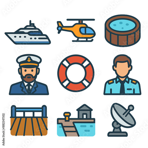 Nautical icons collection featuring captain, helicopter, yacht, lifebuoy, hot tub