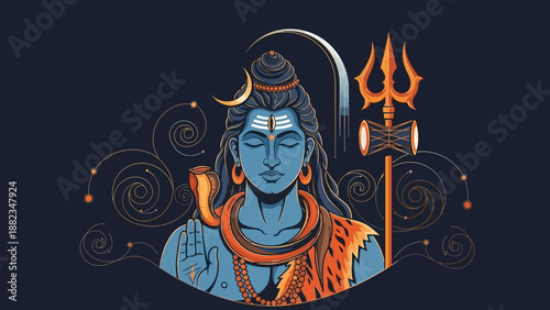 Illustration of a deity figure with symbolic objects and ornaments in a mystical environment from a frontal viewpoint