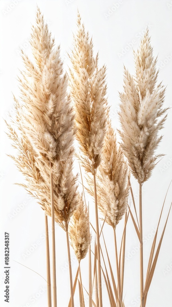 Fototapeta premium Pampas Grass Stalks with Beige Plumes on White Background Vertical