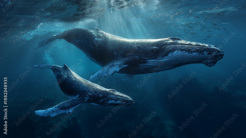 Obraz premium 外洋で泳ぐ親子のザトウクジラの穏やかな水中風景