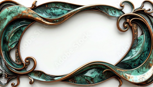 Ornate Verdigris Copper Frame with Swirling Leaves on White Backdrop