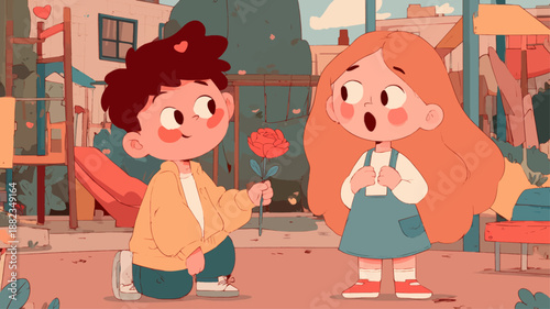 Adorable cartoon boy proposing with flower to blushing girl, sweet childhood romance illustration for Propose Day campaigns