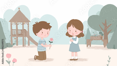 Adorable cartoon boy proposing with flower to blushing girl, sweet childhood romance illustration for Propose Day campaigns