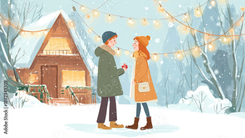 Romantic winter proposal scene with cozy cabin lights and snowfall, emotional engagement illustration for Propose Day marketing