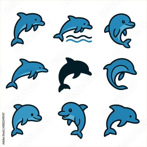 Playful cartoon dolphins set with various fun poses and smiles