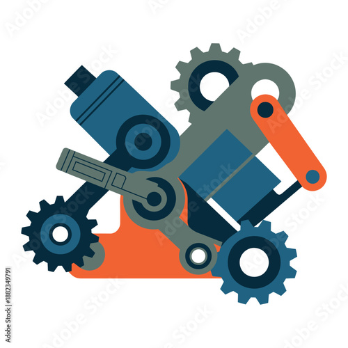 A colorful illustration of various mechanical tools and gears on a white background