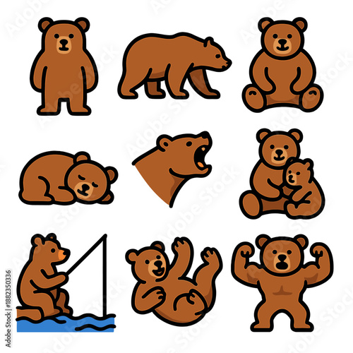Cute bear vector icons collection featuring various poses and activities
