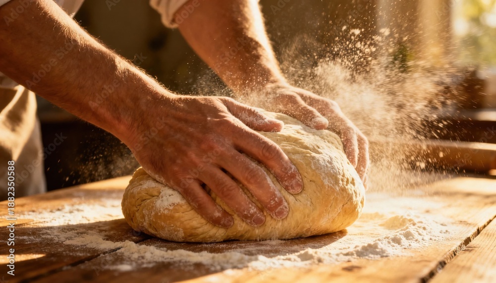 Obraz premium Kneading Dough in a Warm Kitchen During the Golden Hour of Late Afternoon