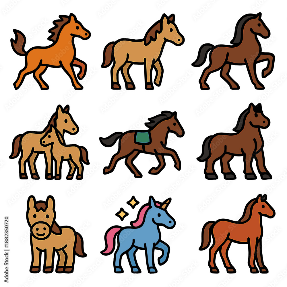 Fototapeta premium Cute cartoon horses and unicorns in various colors and poses