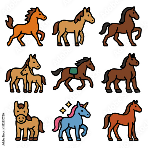Cute cartoon horses and unicorns in various colors and poses