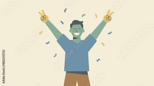 Man celebrating with peace signs in confetti
