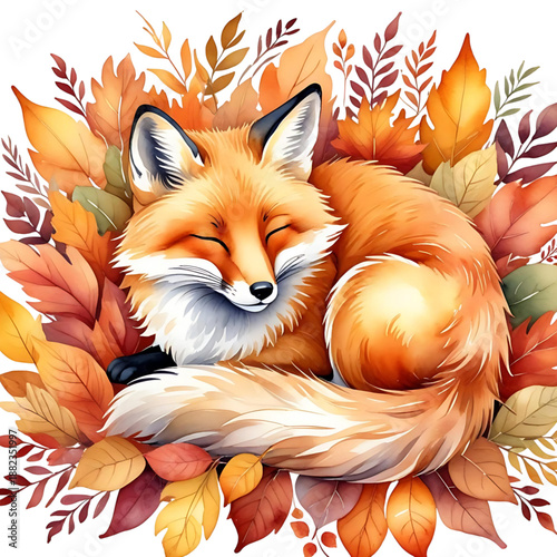 Cute sleeping autumn fox illustration curled up with fall leaves, cozy woodland animal character, warm seasonal colors, peaceful charming cartoon wildlife artwork Isolated on transparent background