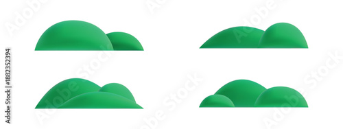 Set of 3D green mountains and hills. Cute cartoon green outdoor scenery icons isolated on white background