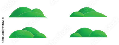 Set of 3D green grass hills in cartoon style. Rendered nature elements for creative outdoor landscapes and fantasy island scenes.