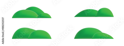 3D grass hills and green mountains in cartoon style. Cute rendered landscape icons isolated on white background