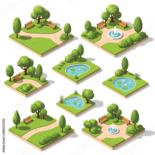 Isometric Park Elements Collection: Green Spaces, Benches, Ponds, and Fountains for Garden Design.