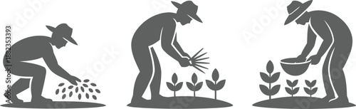 Set of 3 gardening icons vector, planting seeds and watering plants in grey