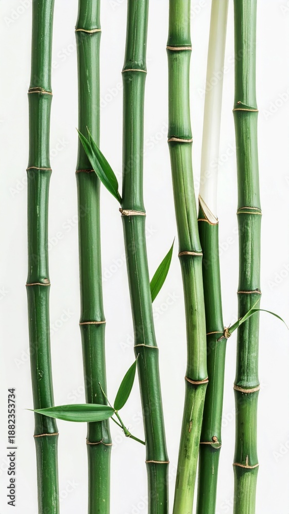 Fototapeta premium Green Bamboo Stalks with Small Leaves on a Clean White Background