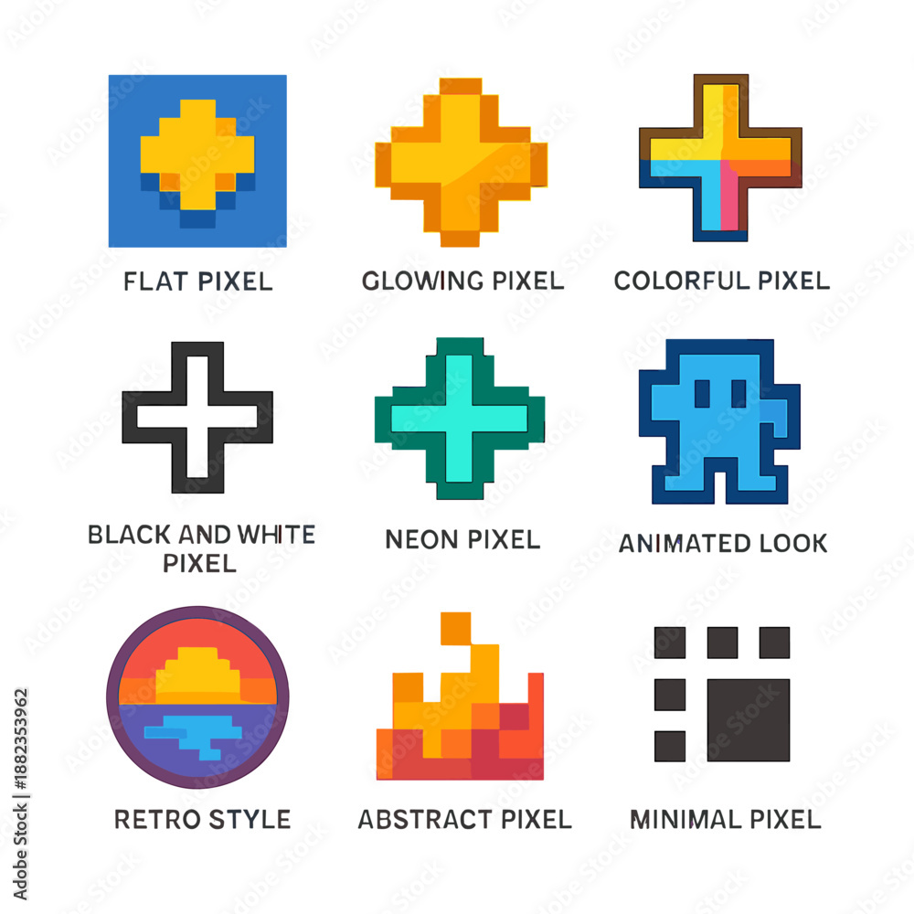 Fototapeta premium Diverse pixel art styles: from neon and retro to minimal and abstract designs