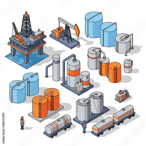 Oil and Gas Industry Isometric Icons: Offshore Platform, Pumpjack, Refinery, Storage Tanks, and Transportation.