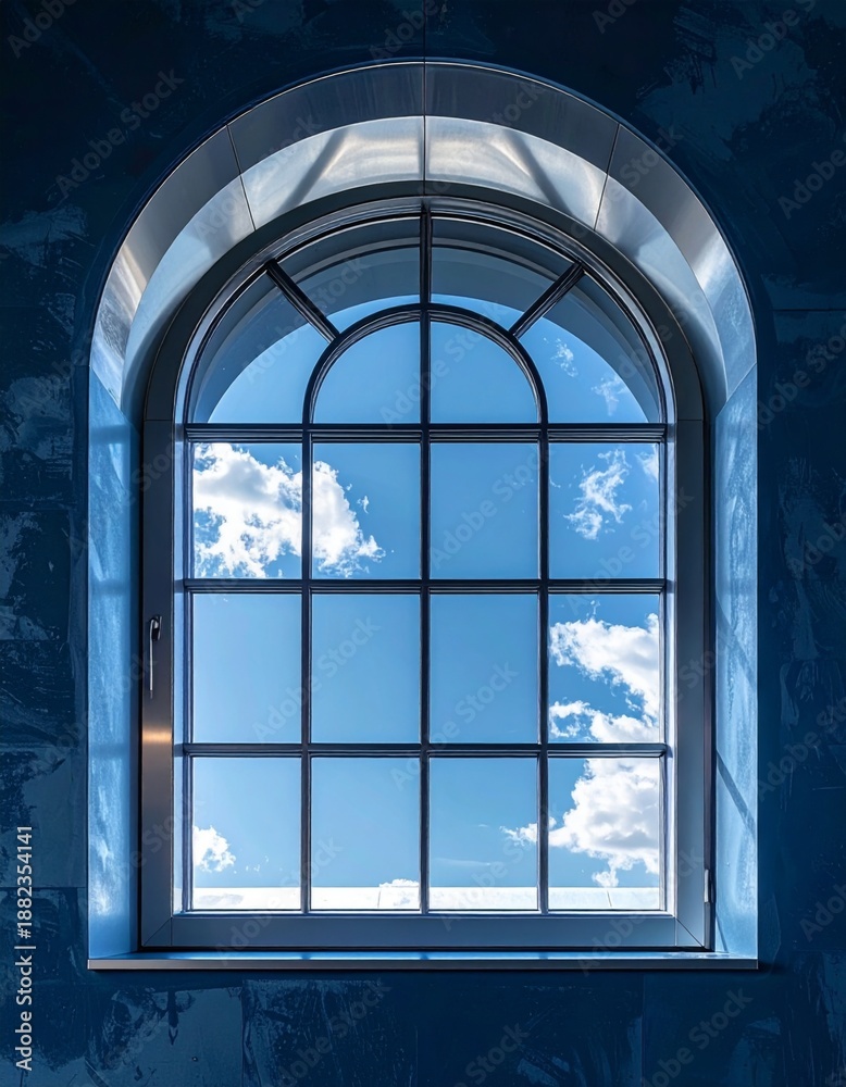 Obraz premium Arched Window with Metal Frame Overlooking Blue Sky with Clouds
