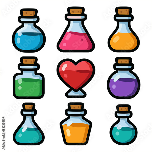 Colorful potion bottles and red heart flask on gradient background
