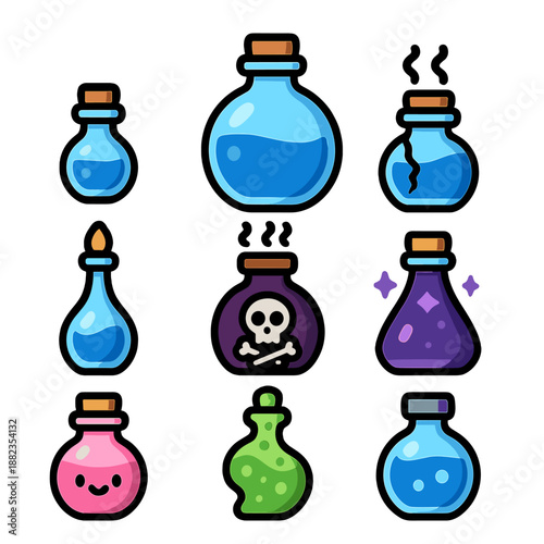 Colorful potion bottles with unique designs and magical themes