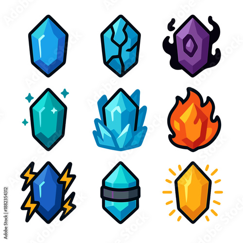 Colorful cartoon gemstones with magical elements and glowing effects