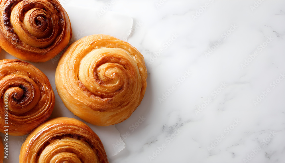 Fototapeta premium Delicious swirls of freshly baked pastries on a pristine white backdrop showcasing intricate design
