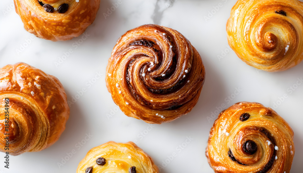 Fototapeta premium Delicious swirls of freshly baked pastries on a pristine white backdrop showcasing intricate design