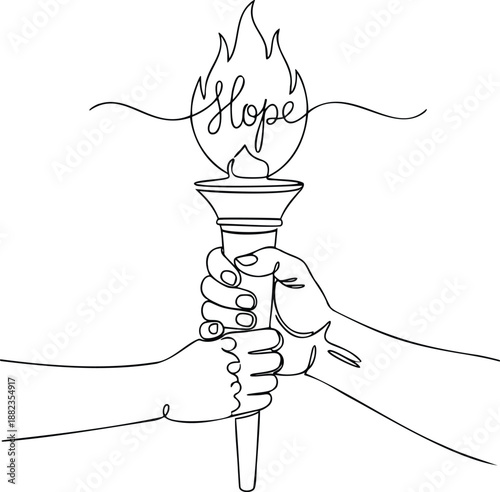 Single line unity torch held by two hands with abstract flame symbolizing hope and togetherness