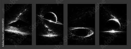 Space vector stipple backgrounds. Concept planet cosmic landscape. Digital art abstract texture, futuristic galaxy illustration.