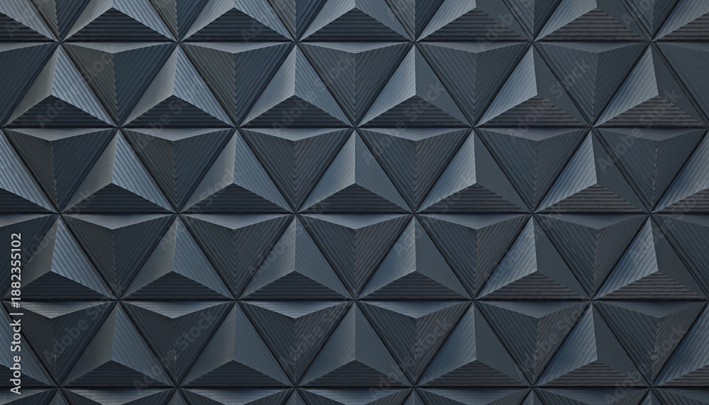 Fototapeta premium Geometric 3D Black Pyramid Pattern Wall Texture, Abstract Graphic Design with Depth, Close-up View, Modern Architectural Surface