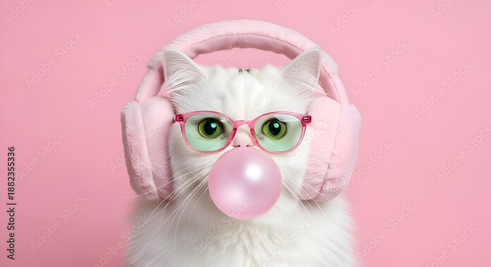 Obraz premium Trendy Cat Blowing Bubble Gum On Pink Background