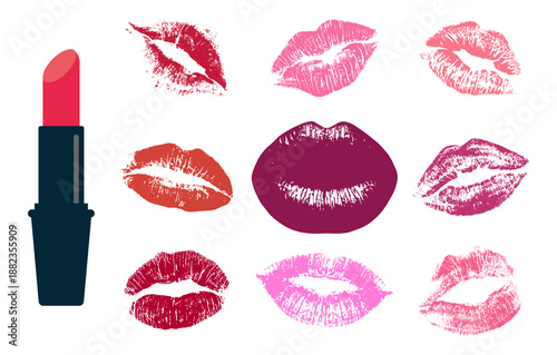 Collection of lipstick kissing mark isolated on a whiye background. Lipstick kiss print set on a white background