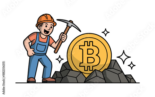 A cartoon miner in overalls and a hard hat is happily mining a large Bitcoin with a pickaxe.