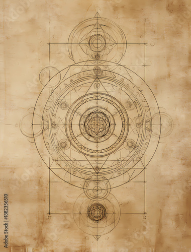 ancient drawing of an alchemical diagram with circles and lines, on an aged parchment background, in the style of fantasy art.