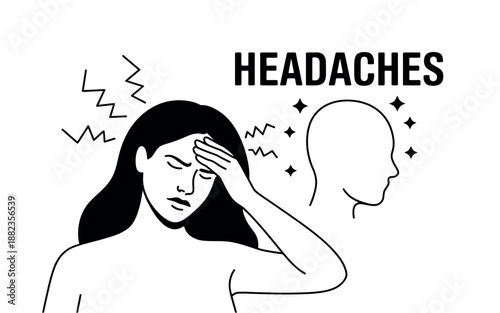 A woman experiencing a headache with a silhouette of a head in the background