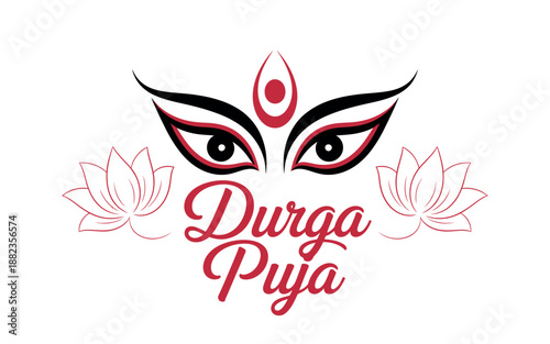 A vibrant illustration of Durga Puja, a major Hindu festival, featuring a stylized face with eyes and lotus flowers.