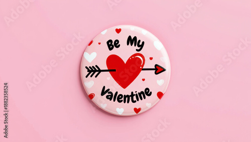 Pink valentine button with red heart pierced by arrow on pastel pink background, coquette vintage aesthetic for february 14 gift, galentines, self love styling, date night accessory, decor