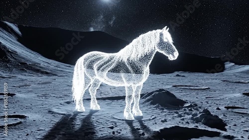 Ethereal Horse Hologram on Lunar Surface Under Moonlight.