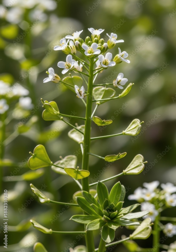 Fototapeta premium Close-up of a Shepherds Purse Plant in Bloom.