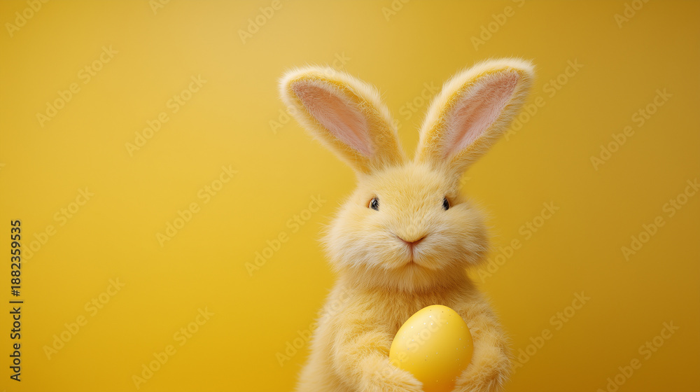 Obraz premium Fluffy yellow rabbit with easter egg on yellow background