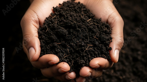 Hands cradling a handful of rich dark soil with visible roots and debris dirt earth ground human fingers palm